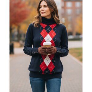 Tommy Hilfiger Argyle Turtleneck Sweater Blue Red Classic Knit Women's SZ L/G
